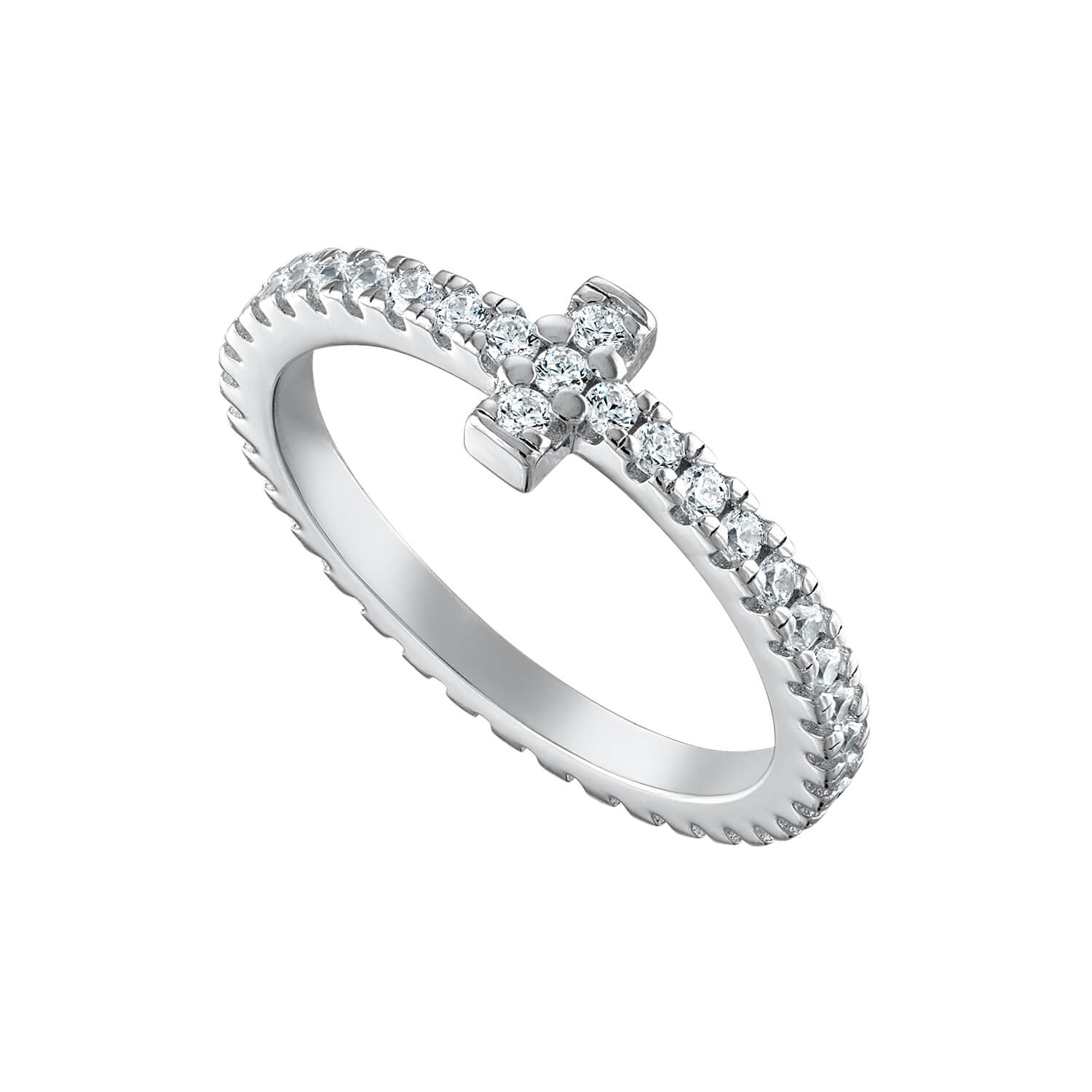 Clear cubic zirconia stones wrap around the entirety of our Eternal Light Cross Ring