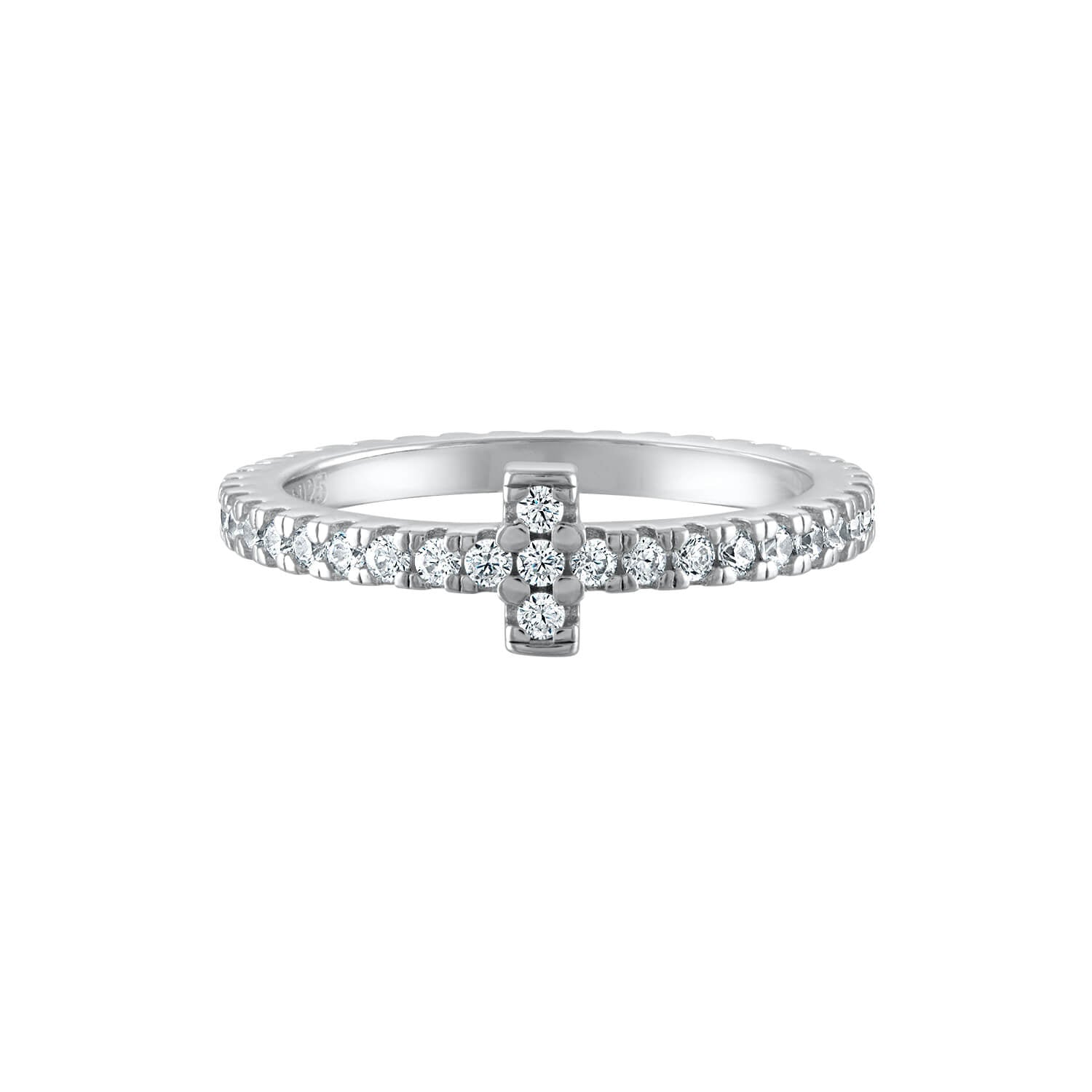Clear cubic zirconia stones wrap around the entirety of our Eternal Light Cross Ring