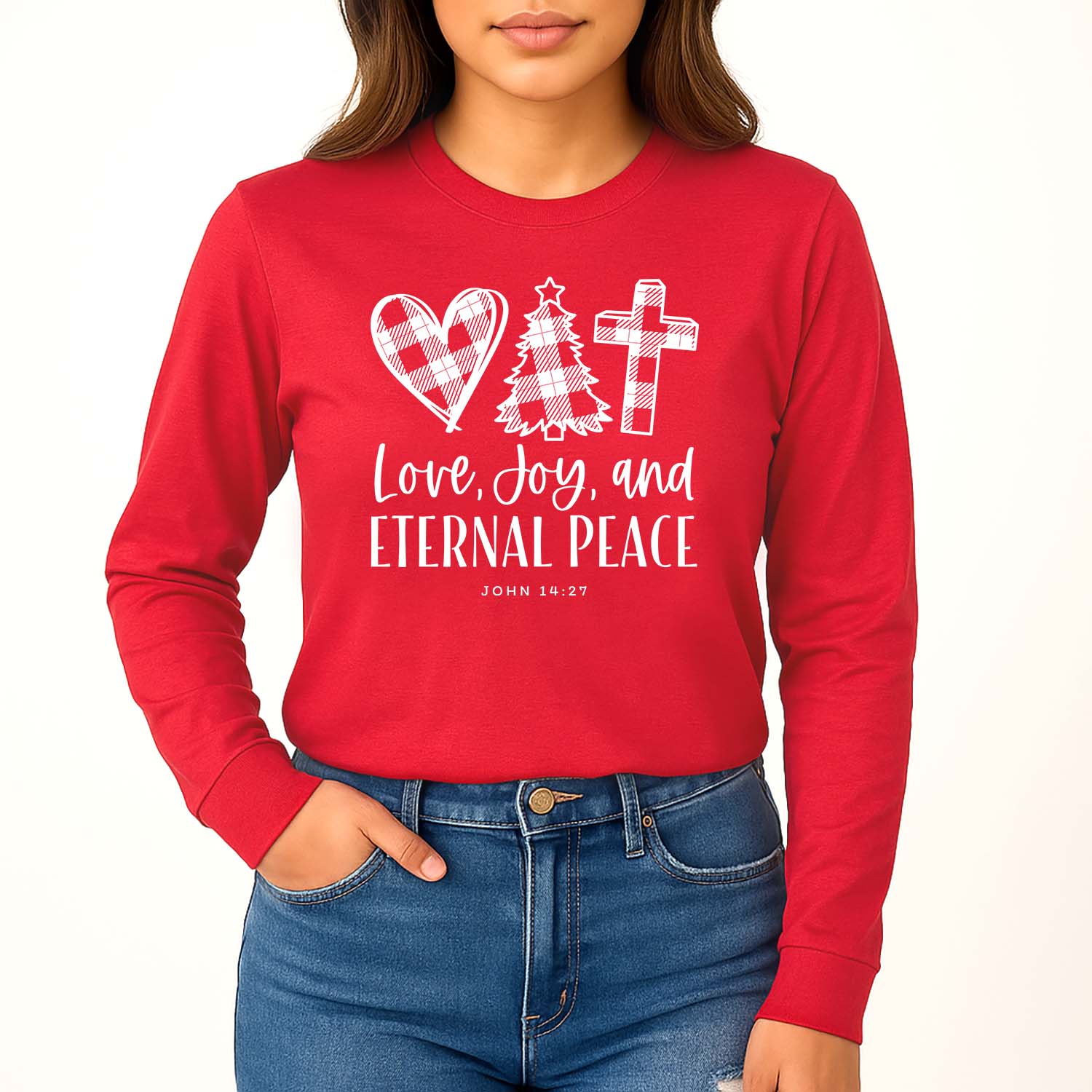 Red Christmas shirt with scripture from John 14:27 that says love, joy, and eternal peace
