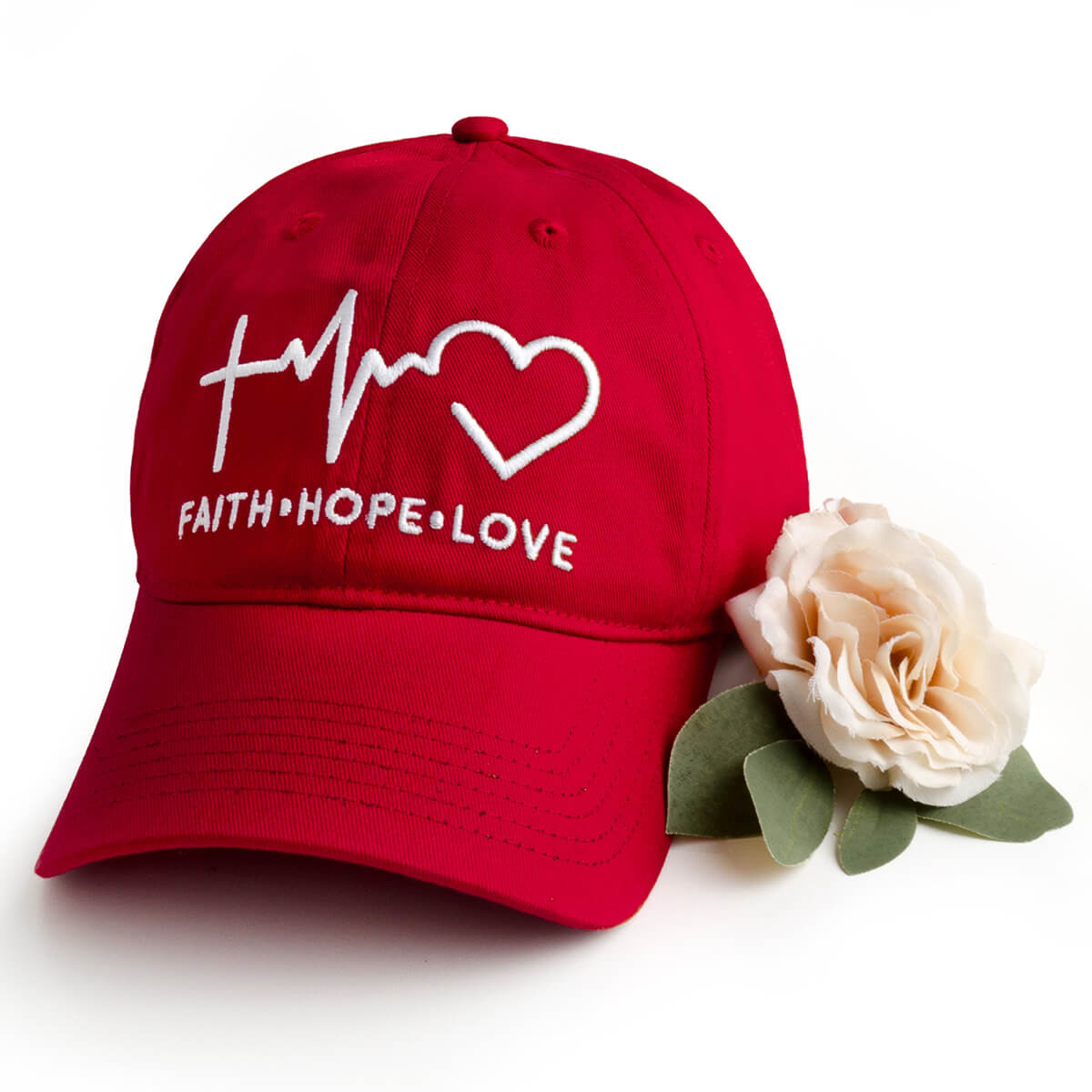 Faith hope love embroidered design on a vibrant red dad hat