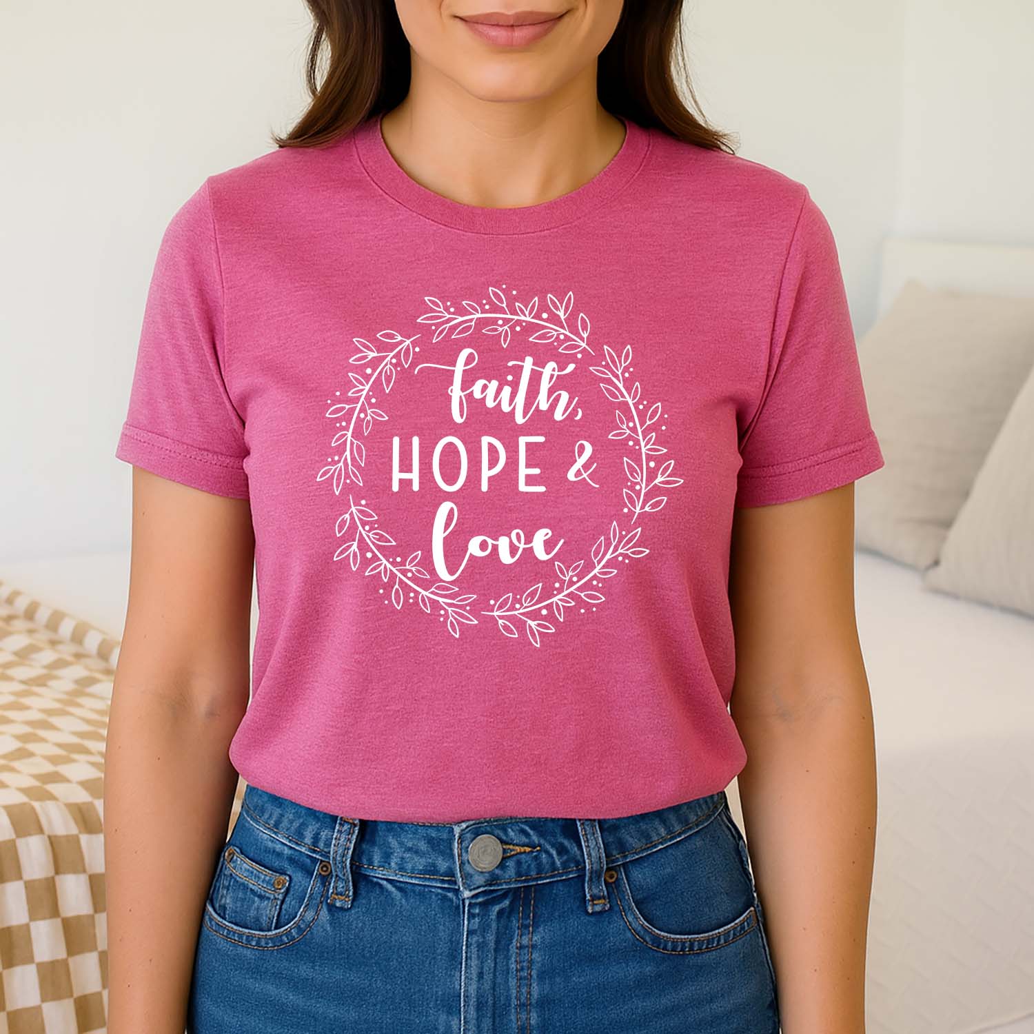 Faith hope love Christian design on vibrant pink tee