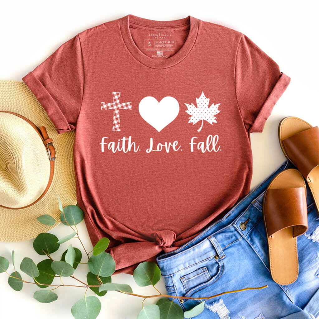 Fun textured Christian shirt that reads faith love fall