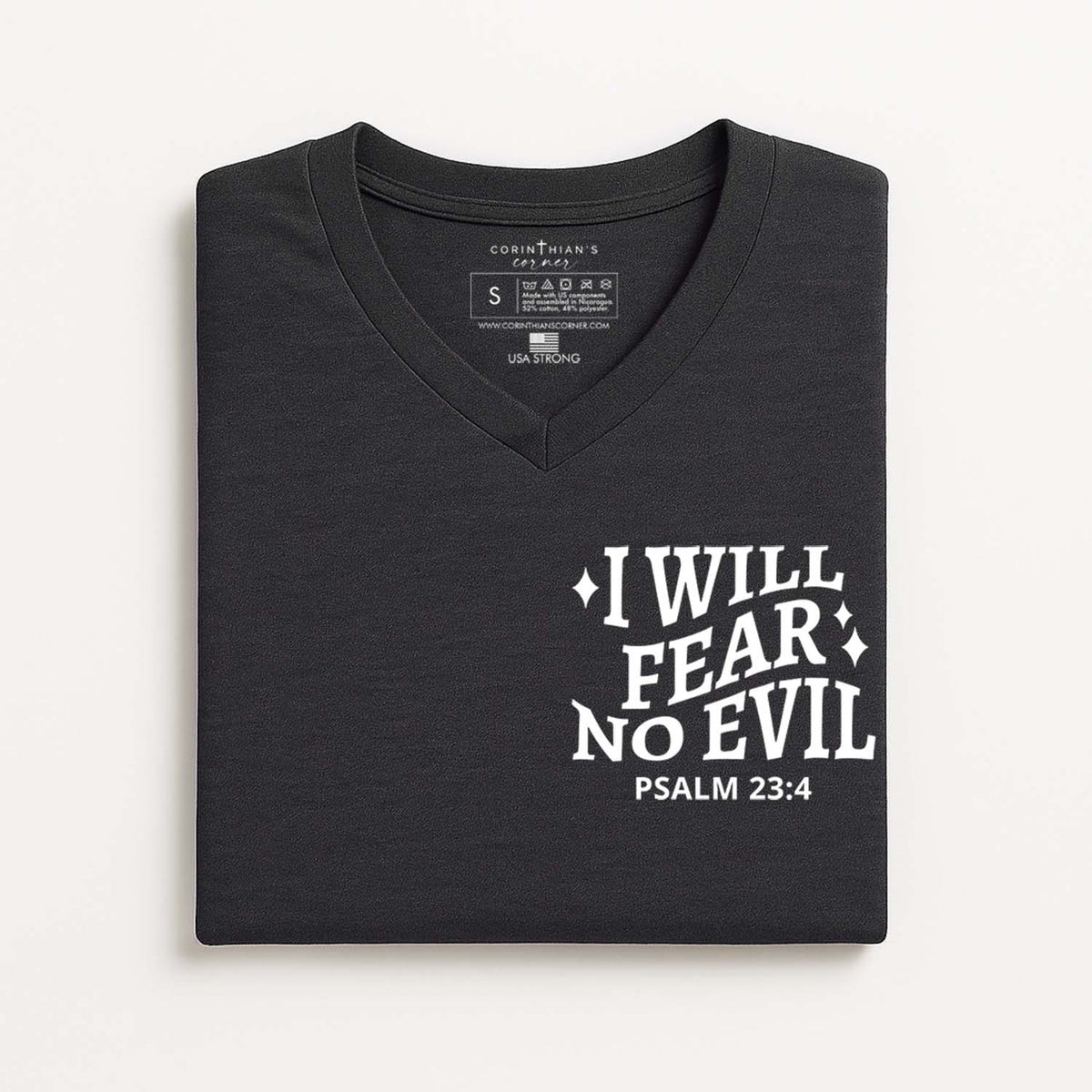 Black V-neck t-shirt with 'I Will Fear No Evil' text on a white background