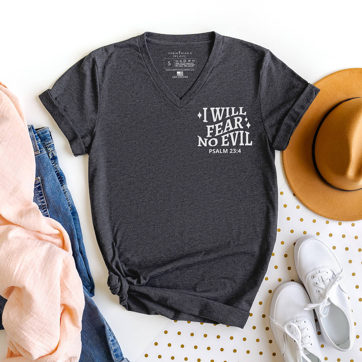 I will fear no evil Psalm 23:4 v-neck in charcoal grey