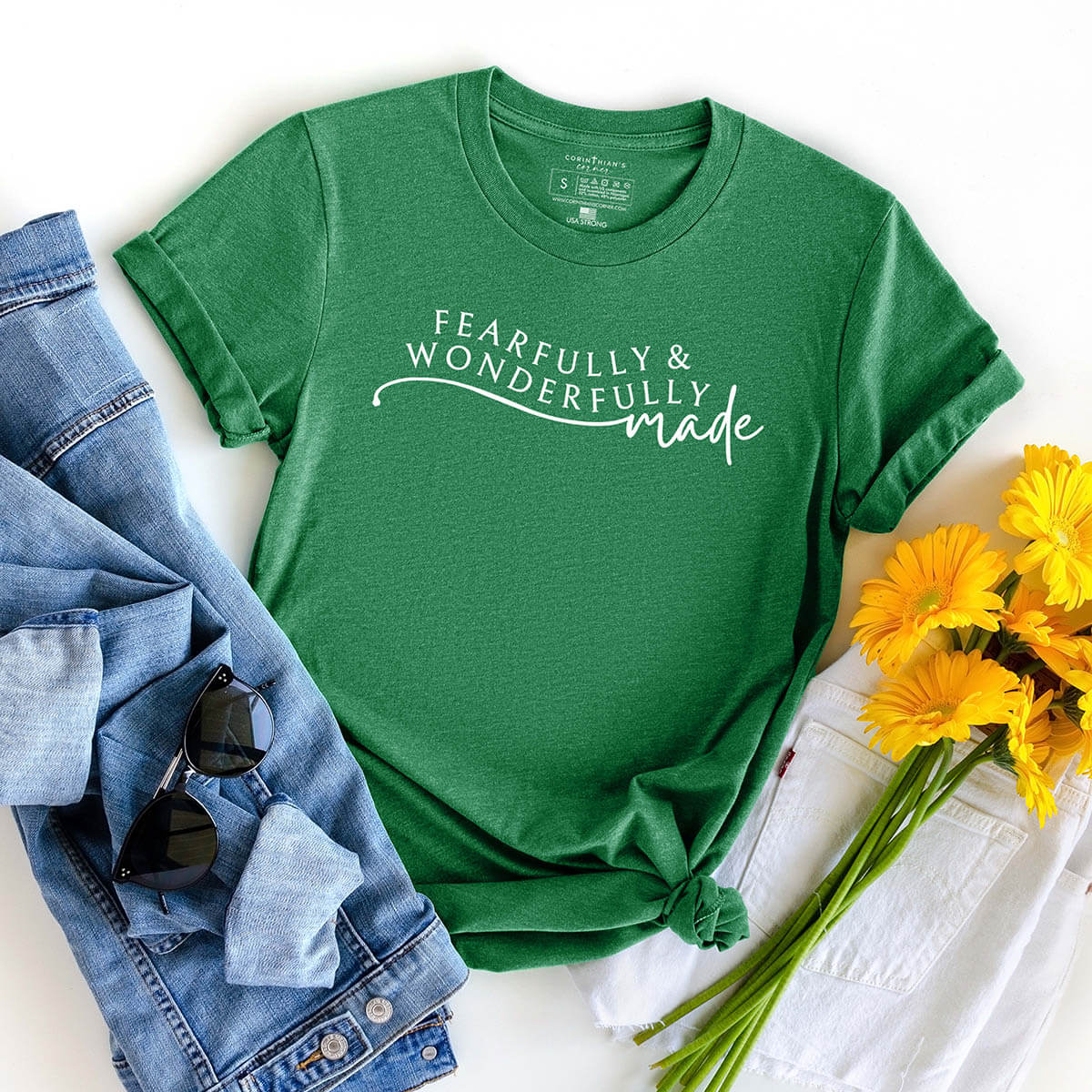 Fearfully and wonderfully made elegant Christian t-shirt in green