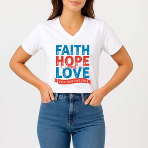 Person wearing a white t-shirt with 'Faith Hope Love for Our Nation' text design