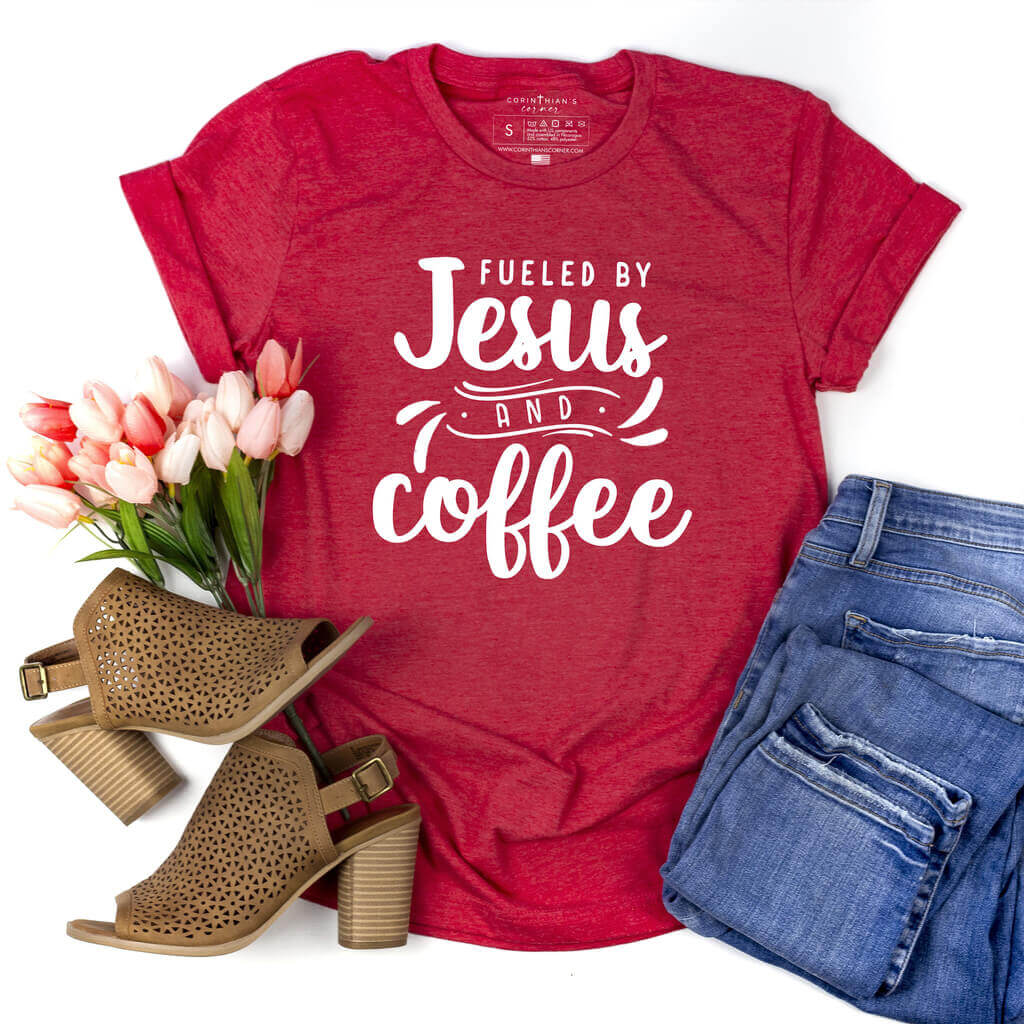 Fueled by Jesus and coffee shirt in heather red