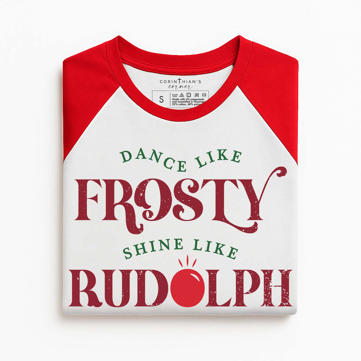 Dance like Frosty, Shine like Rudolph, Give like Santa, and Love like Jesus Christmas baseball shirt in red and white