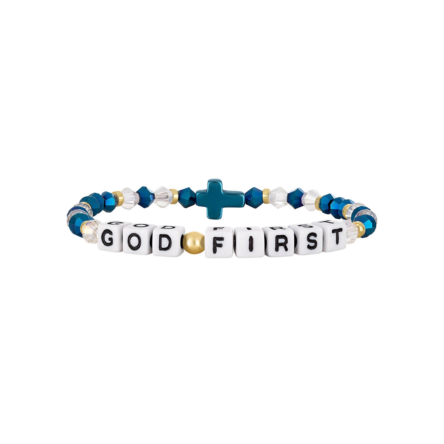 Bracelet with 'GOD FIRST' beads on a white background