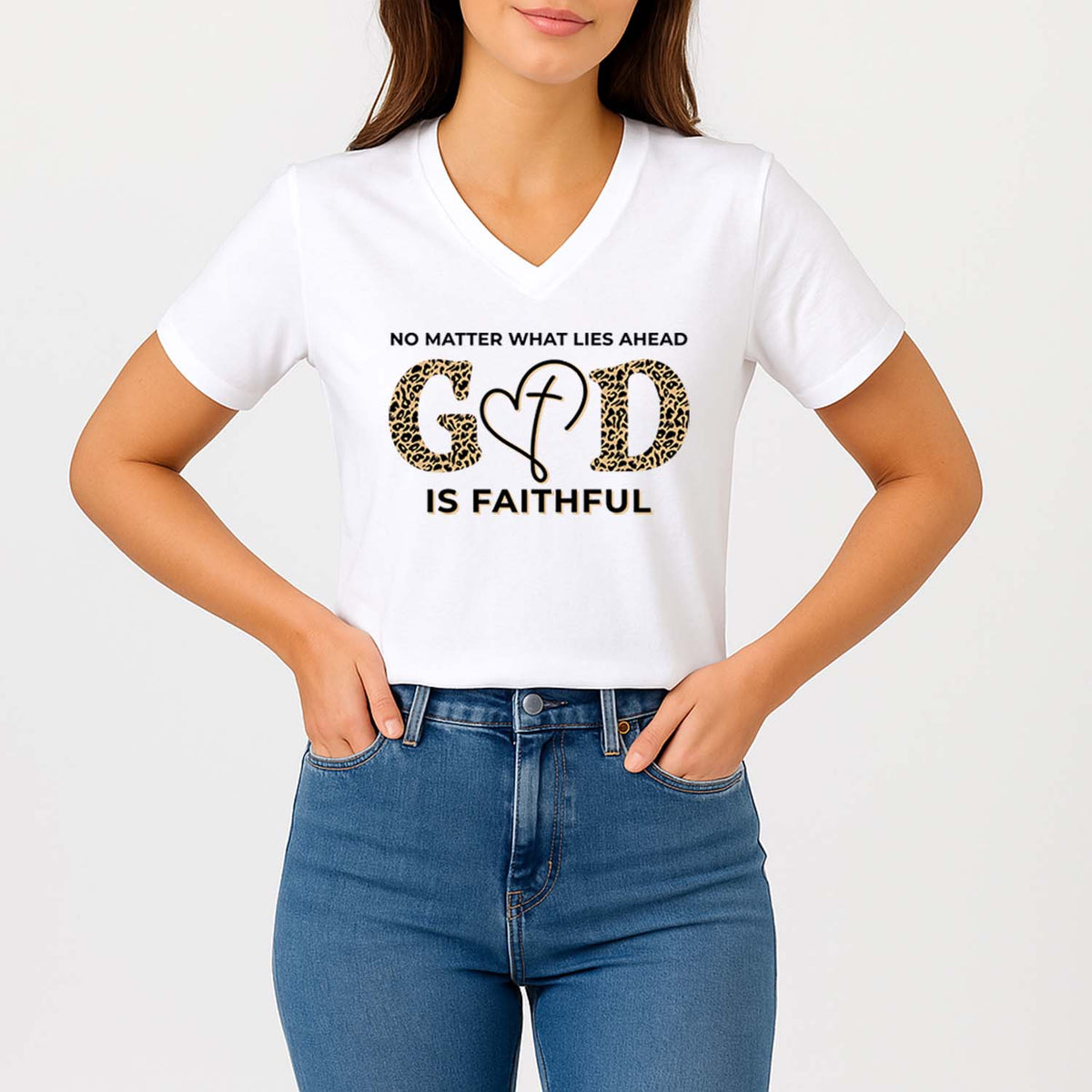 Person wearing a white t-shirt with a motivational quote and design on a plain background