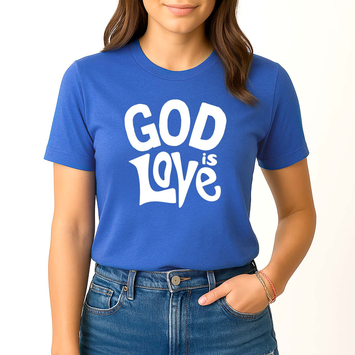 Woman wearing a blue t-shirt with 'GOD IS LOVE' text on a plain background