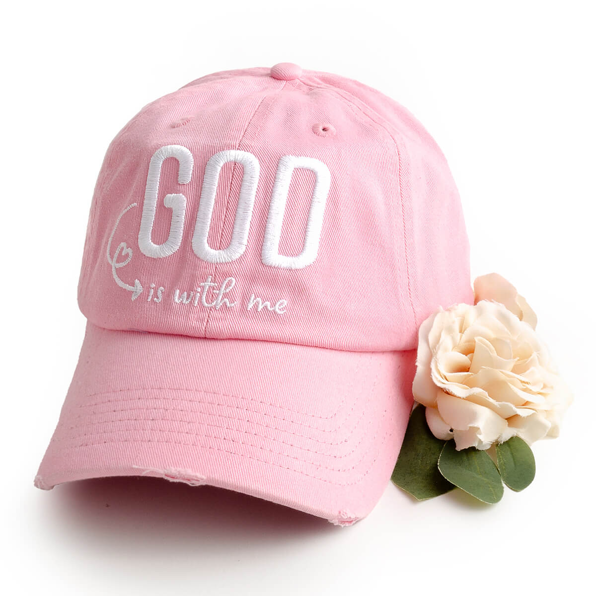 Pink embroidered hat that reads God is with me