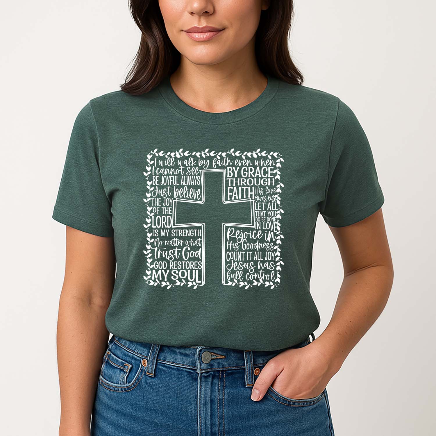 God restores my soul women's Christian crew neck t-shirt in forest green