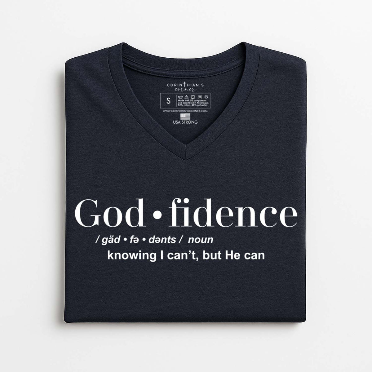 Folded black t-shirt with 'God fidence' text on a white background