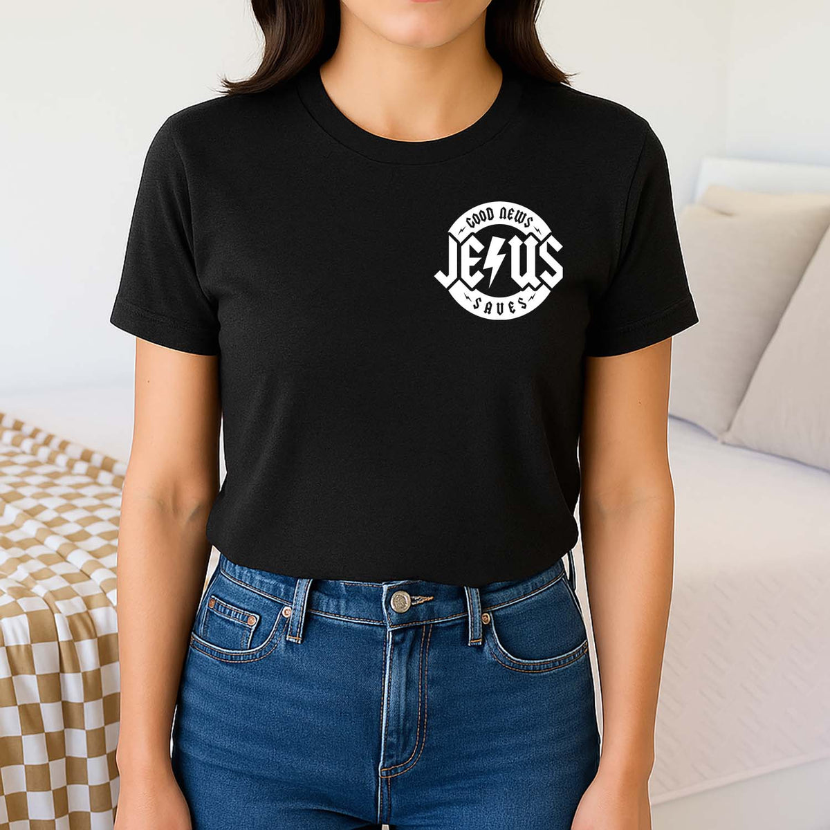 Black Christian t-shirt that reads good news Jesus saves on a female model