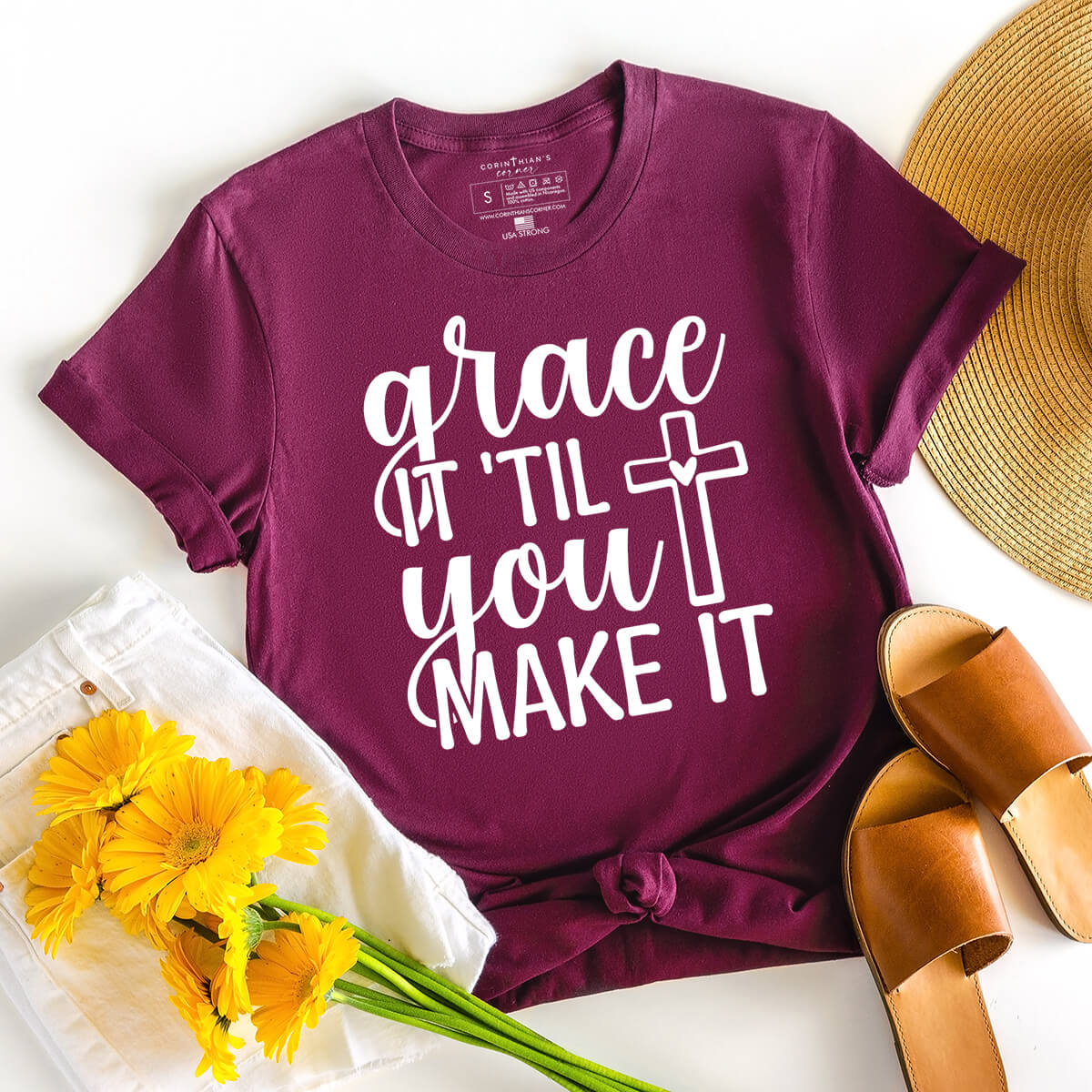 Grace it 'til you make it graphic Christian t-shirt in maroon
