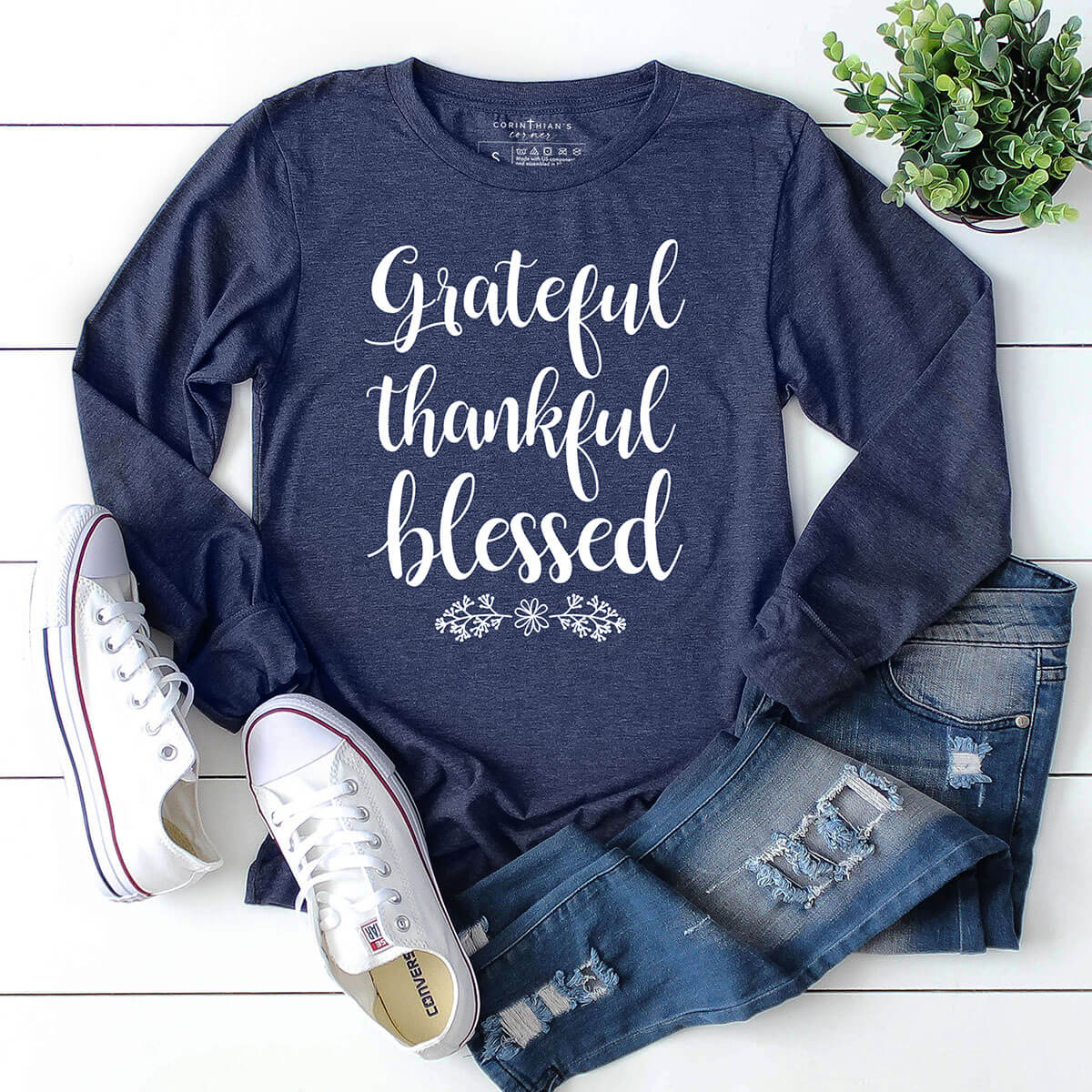 Grateful thankful blessed design on a navy long sleeve shirt