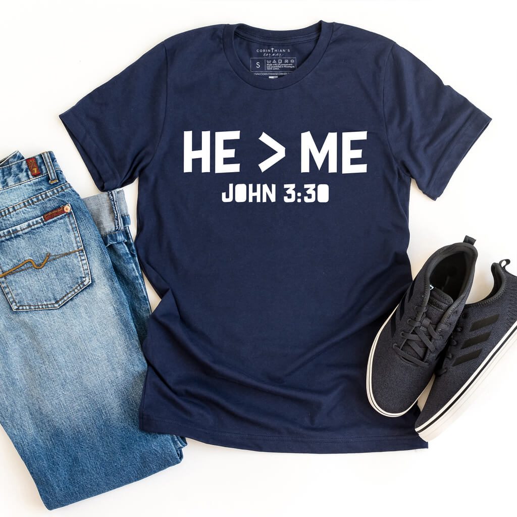 Navy blue shirt for men that boldly states "He Me" based on the verse of John 3:30