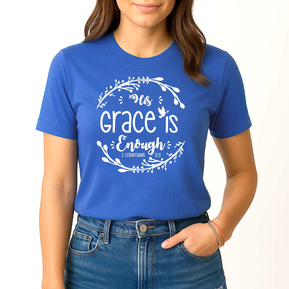 Happy young woman wearing the royal blue His grace is enough top