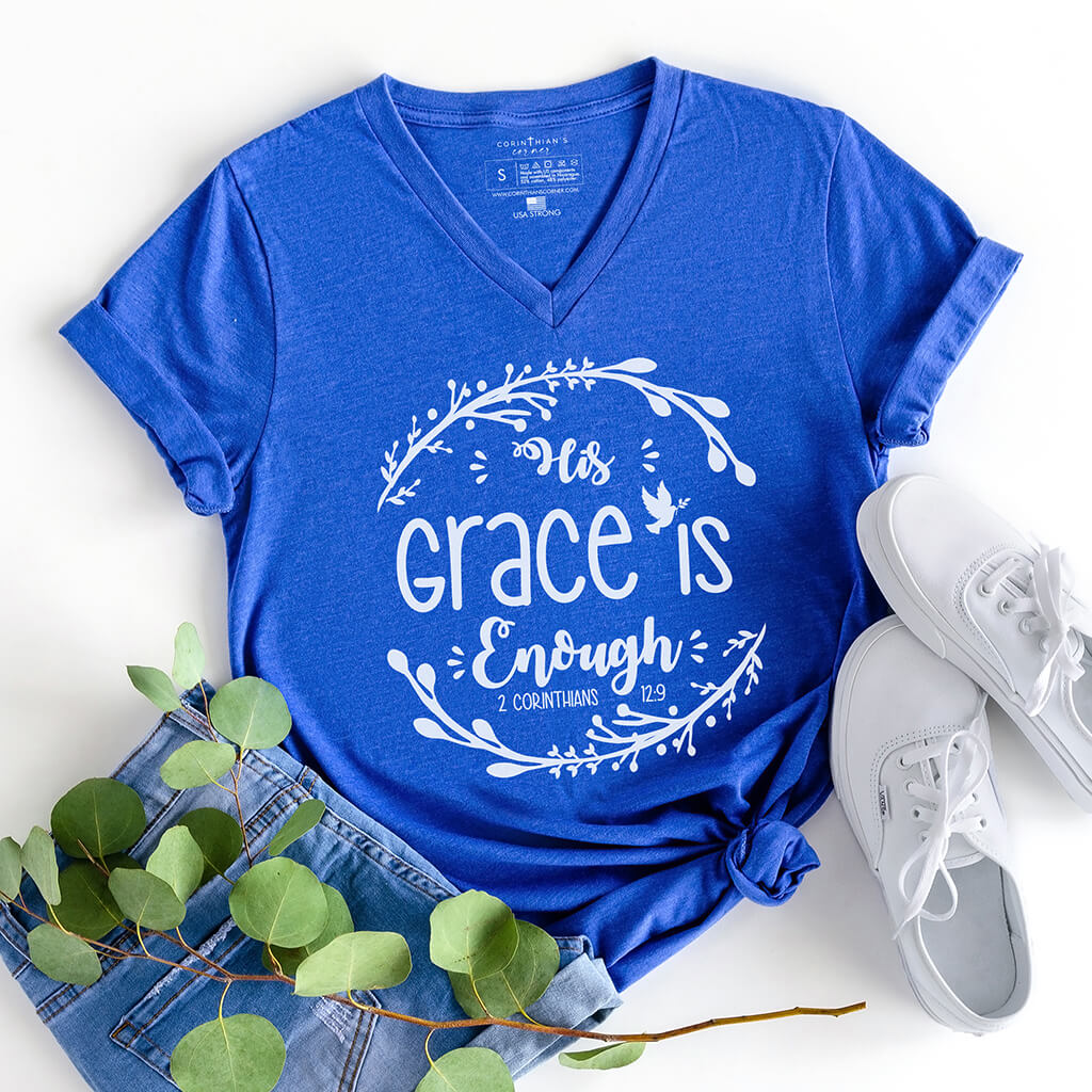 His grace is enough Corinthians inspired v-neck shirt in heather royal blue