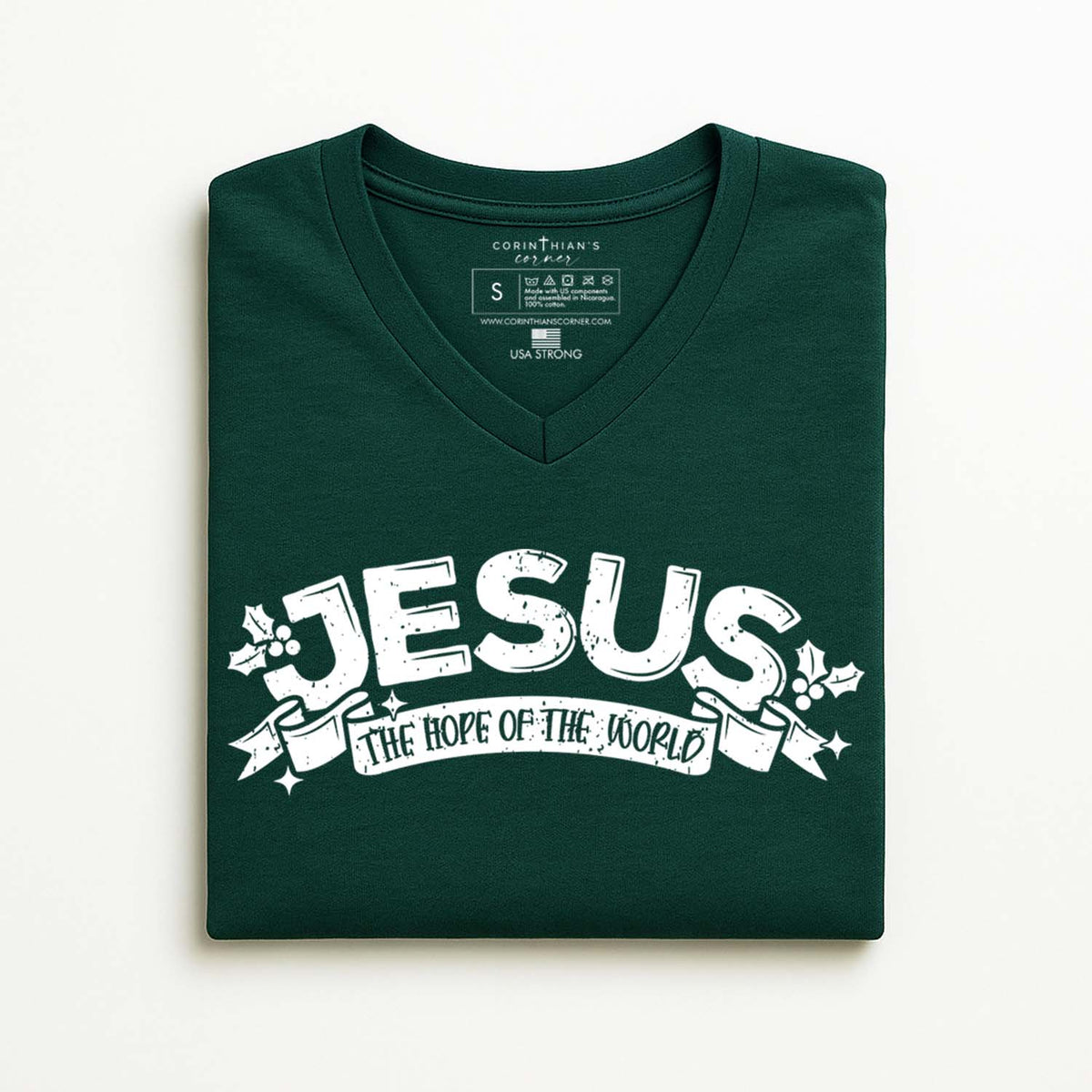Green t-shirt with 'Jesus: The Hope of the World' text on a white background