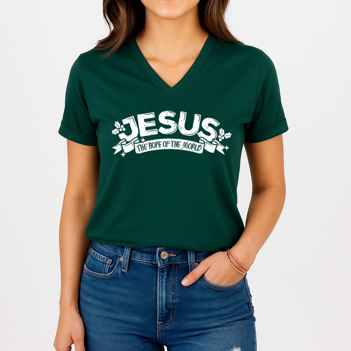 Person wearing a green t-shirt with 'Jesus the Hope of the World' text on a white background
