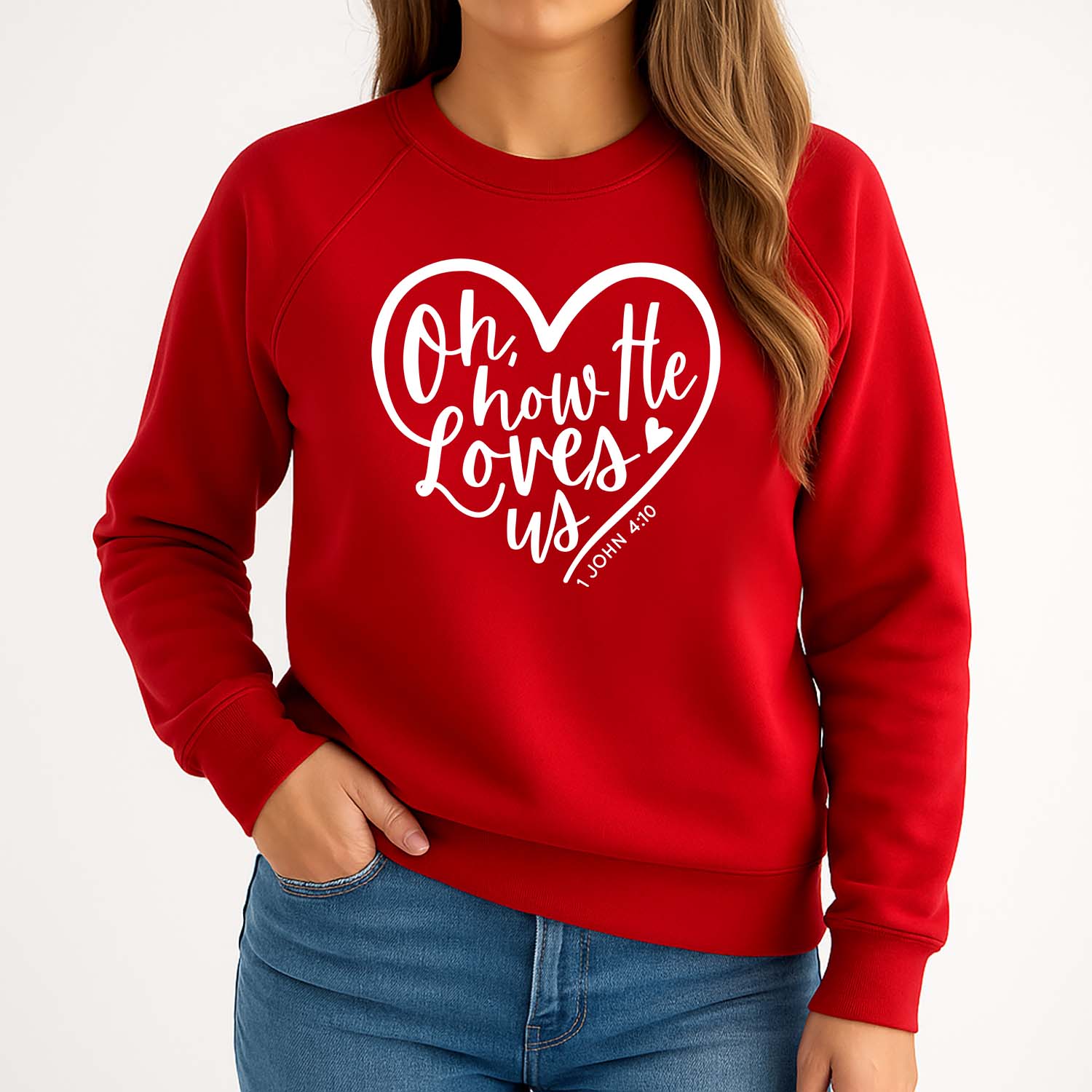 Oh how he loves us red fleece sweatshirt inspired by the book of John