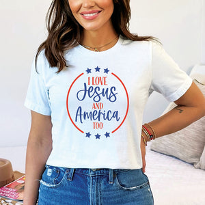 Happy woman wearing a white I love Jesus and America too t-shirt
