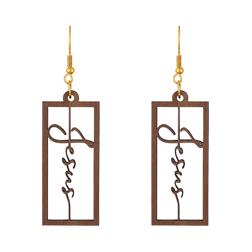 Cherry wood earrings with Jesus written on an open window