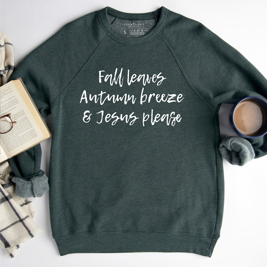 Comfortable fleece sweatshirt that reads "Fall leaves, Autumn breeze, & Jesus please"