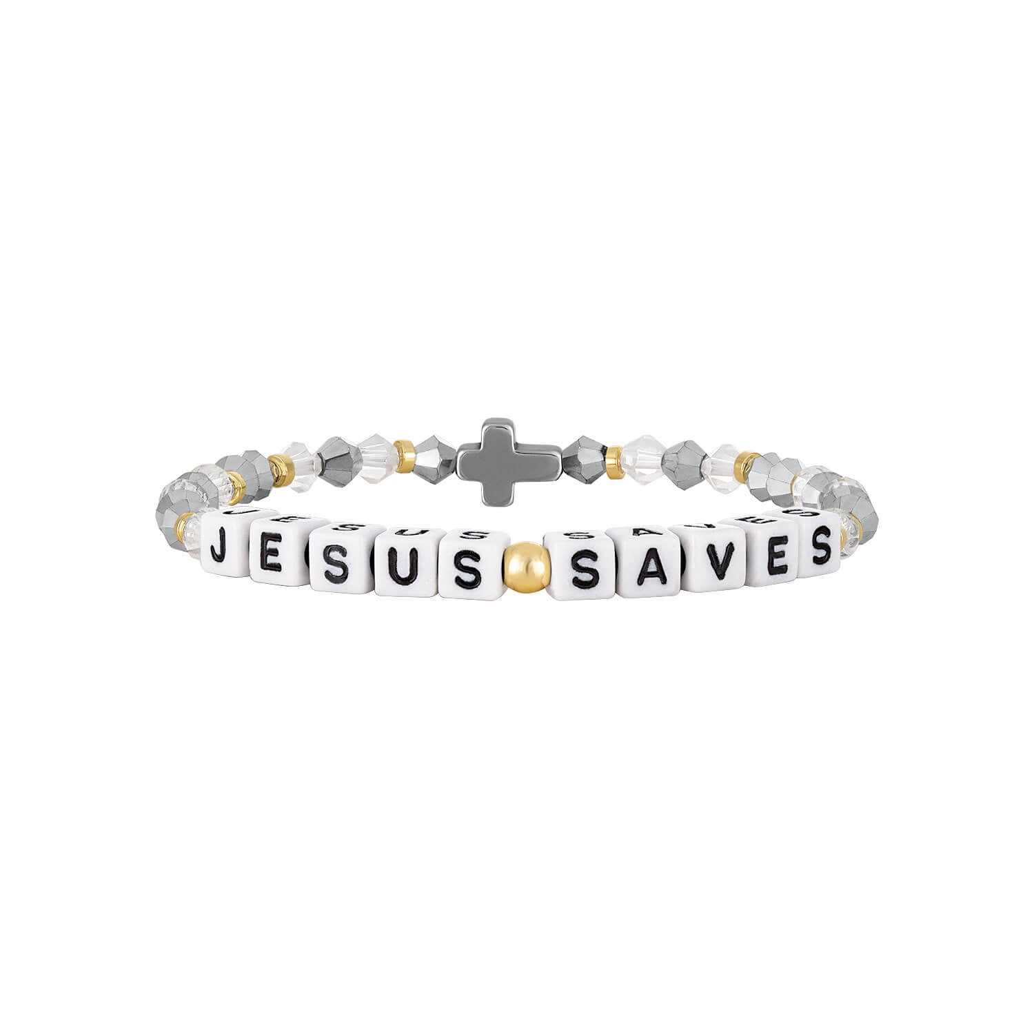 Bracelet with 'Jesus Saves' beads on a white background