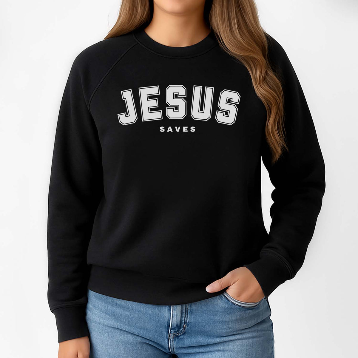 Women's sweatshirt with 'JESUS SAVES' text in a collegiate style