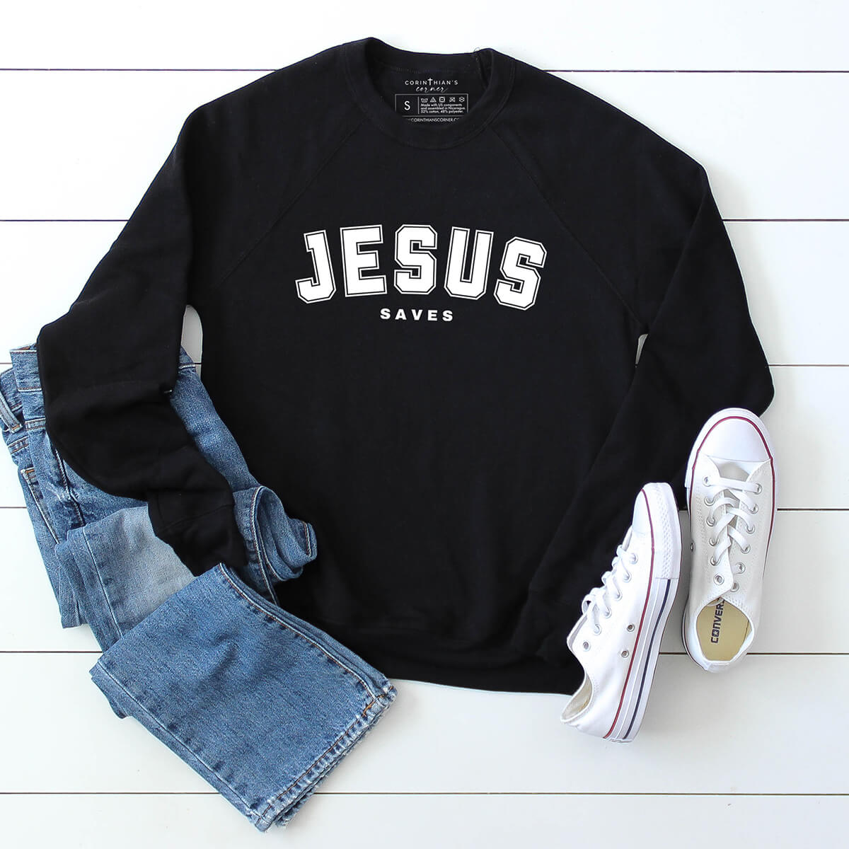 Jesus saves sweatshirt in collegiate style