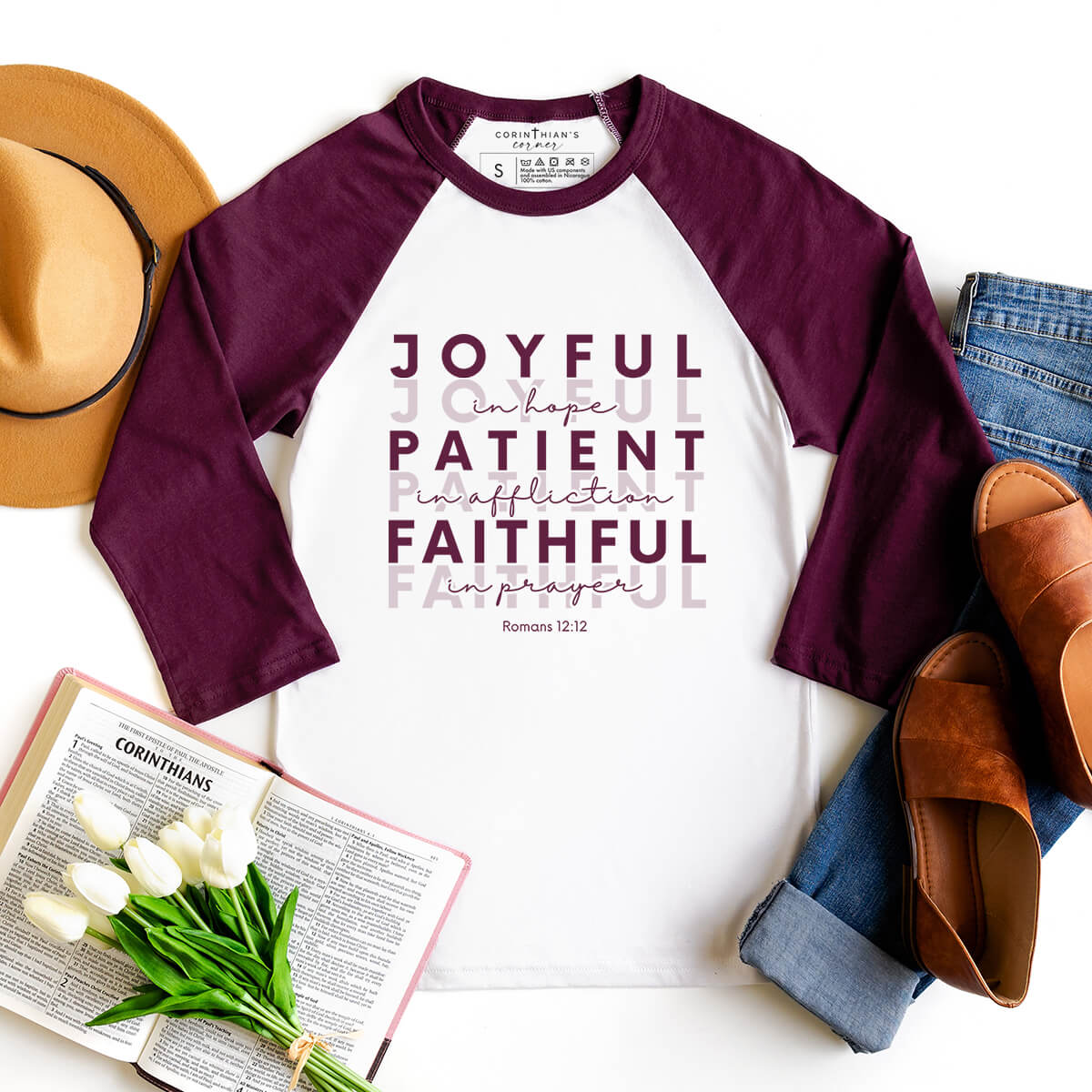 Joyful in hope, patient in affliction, and faithful in prayer 3/4 sleeve shirt