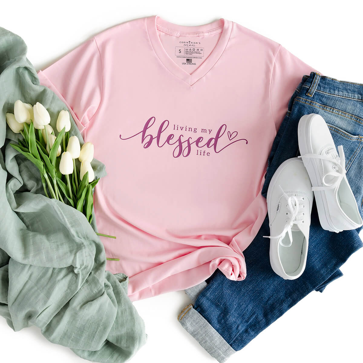 Living my blessed life pink Christian v-neck shirt