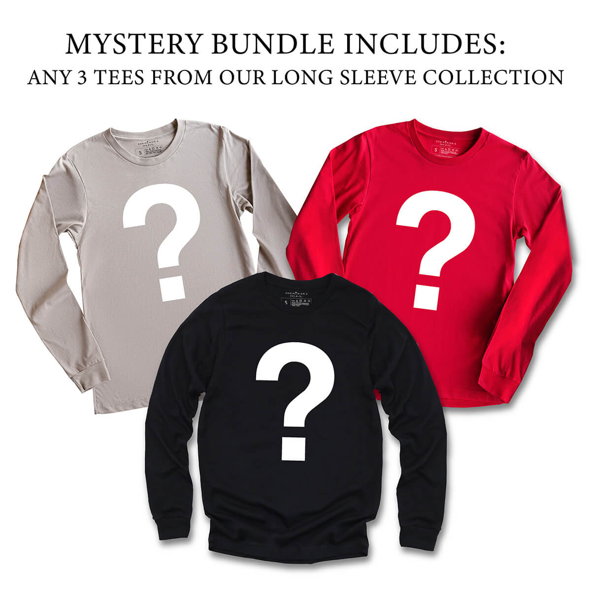 The long sleeve mystery bundle includes 3 surprise shirts at a $30 savings!