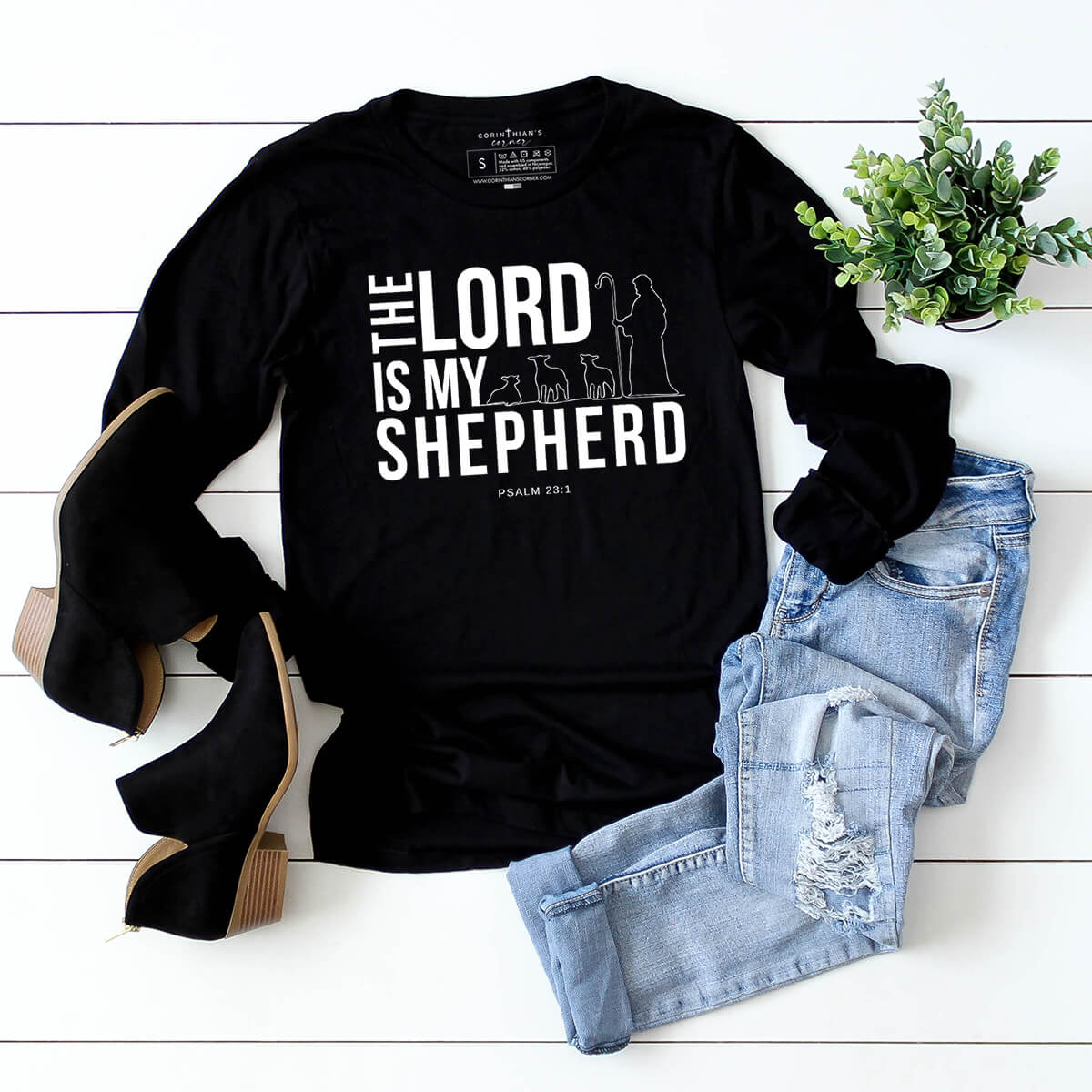 The Lord is my shepherd women's Christian long sleeve t-shirt in black