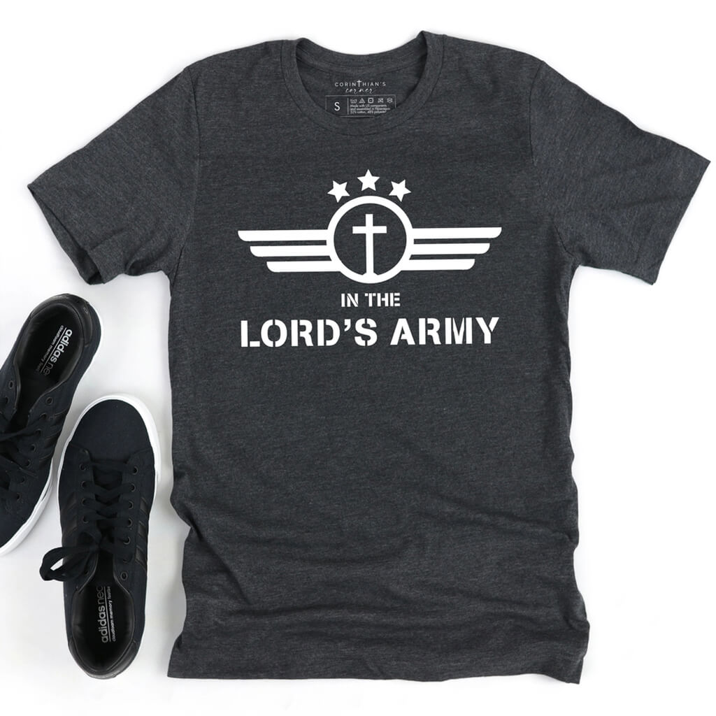 Men's military style shirt with a cross, three stars, and text that reads "In the Lord's army"