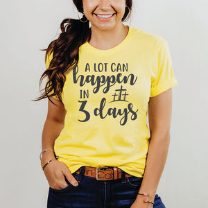 Model wearing a yellow Christian shirt for Easter about the resurrection of Christ