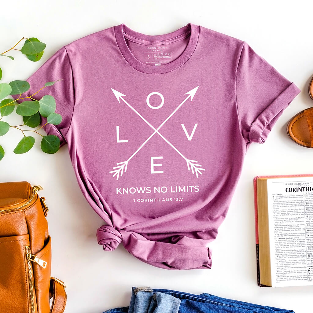 Our 'Love Knows No Limits' shirt in orchid is an elegant testament to enduring Christian love