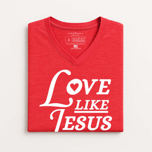 Red V-neck t-shirt with 'Love Like Jesus' text on a white background