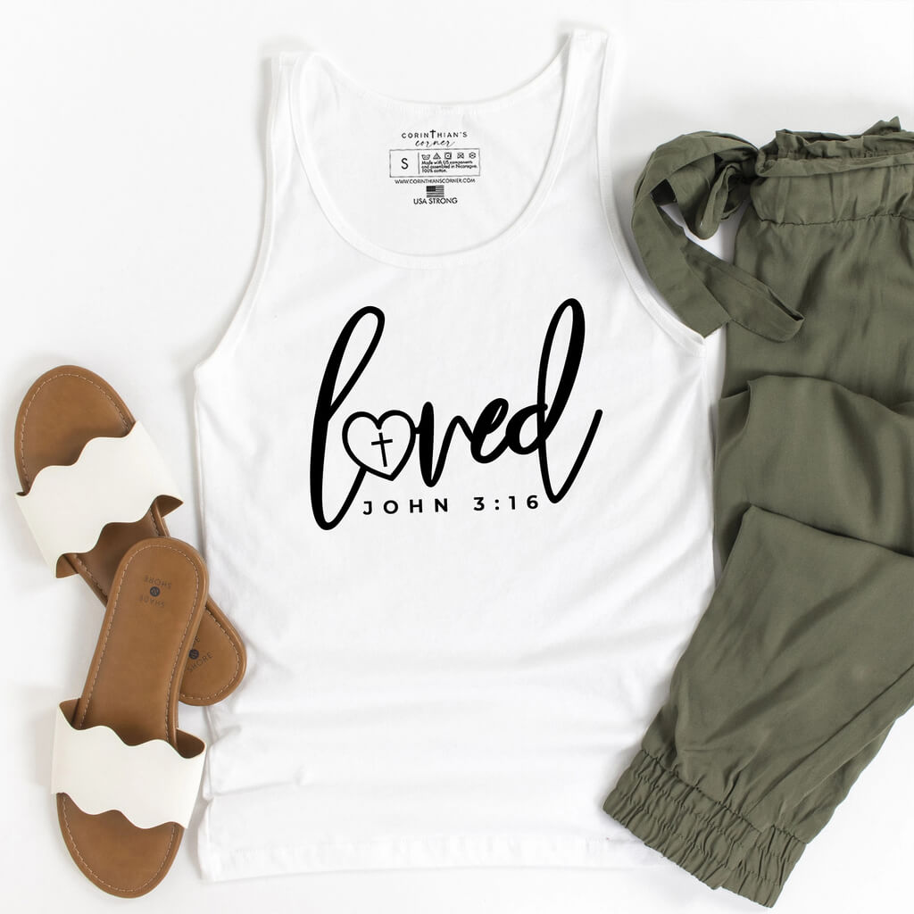 White Christian tank top with John 3:16 verse in black text
