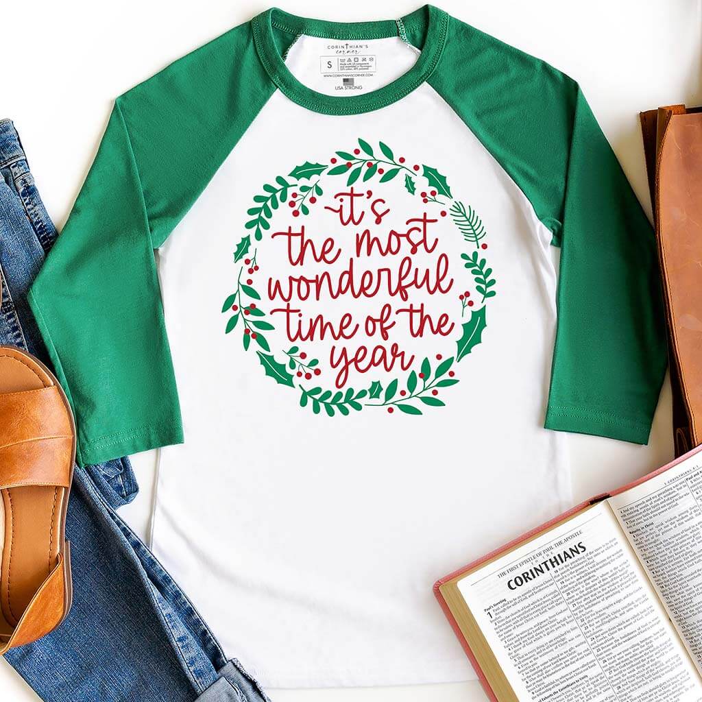 It's the most wonderful time of the year green Christmas 3/4 sleeve raglan shirt