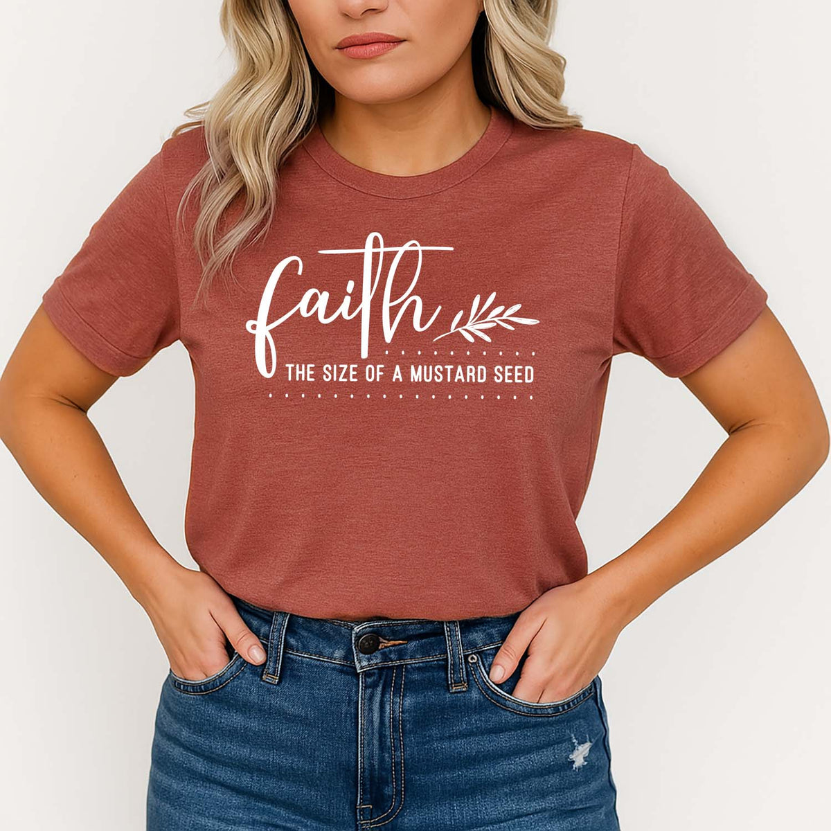 Seated woman looking at her faith the size of a mustard seed Biblical t-shirt