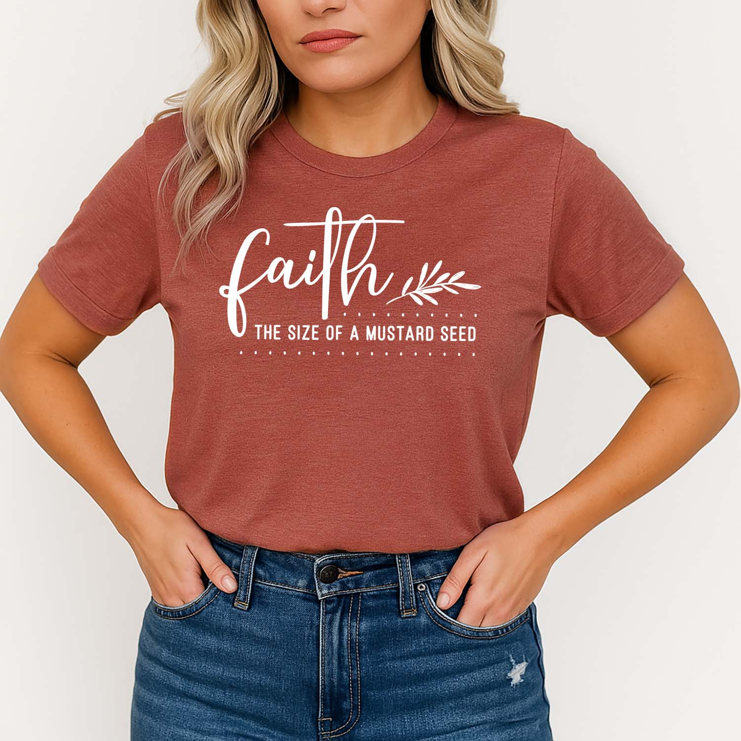 "Faith the size of a mustard seed" design printed on a fall themed short sleeve t-shirt