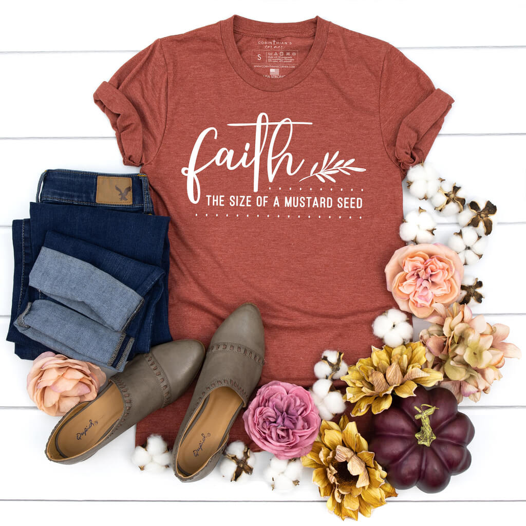 "Faith the size of a mustard seed" design printed on a fall themed short sleeve t-shirt