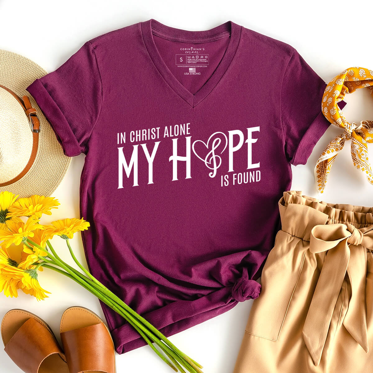 In Christ alone my hope is found Christian v-neck for women in maroon