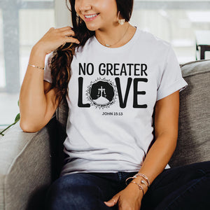 Smiling young woman wearing a no greater love Biblical t-shirt in reference to John 15:13