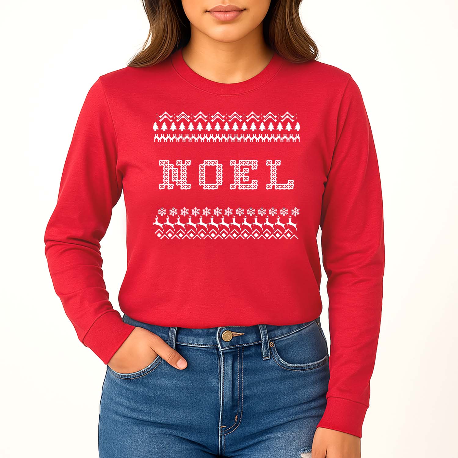 Red long sleeve shirt that reads noel with an ugly Christmas sweater style design