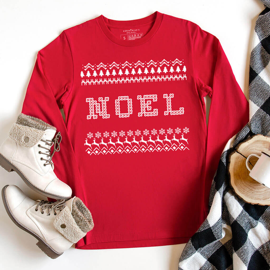 Red long sleeve shirt that reads noel with an ugly Christmas sweater style design